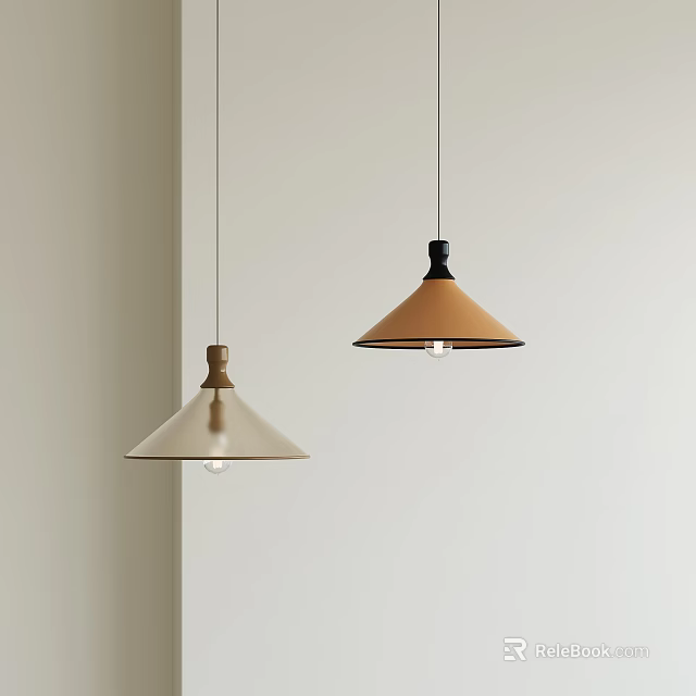 Modern Minimalist Pendant Lights Beige And Brown With Black Tops Hanging Against Light Colored Wall 3d model 