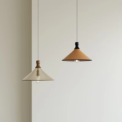 Modern Minimalist Pendant Lights Beige And Brown With Black Tops Hanging Against Light Colored Wall 3d model