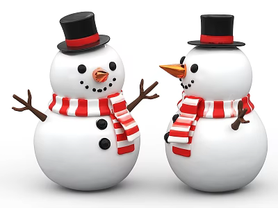 Decorative Ornament Set Featuring Two Snowmen With Black Top Hats And Red White Striped Scarves 3d model
