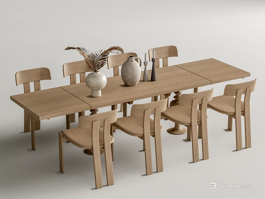 Natural Wooden Dining Table Set With Six Chairs And Decorative Vase Jug 3d model 