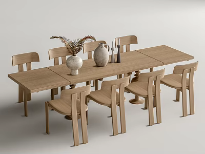 Natural Wooden Dining Table Set With Six Chairs And Decorative Vase Jug 3d model
