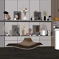 Modern Decorative Ornament Combination on White Shelves with Vases Sculptures Photo Frames and Dried Flowers