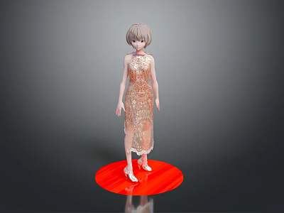 Woman in Gold Sequined Dress Standing on Red Circular Platform with Gray Background 3d model