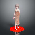 Woman in Gold Sequined Dress Standing on Red Circular Platform with Gray Background