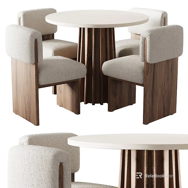 Modern Dining Table Set With Round Top Wooden Base And Fabric Upholstered Chairs 3d model 