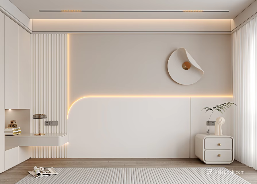 Modern Minimalist Background Wall With Integrated Lighting Circular Decor And Side Cabinet 3d model 