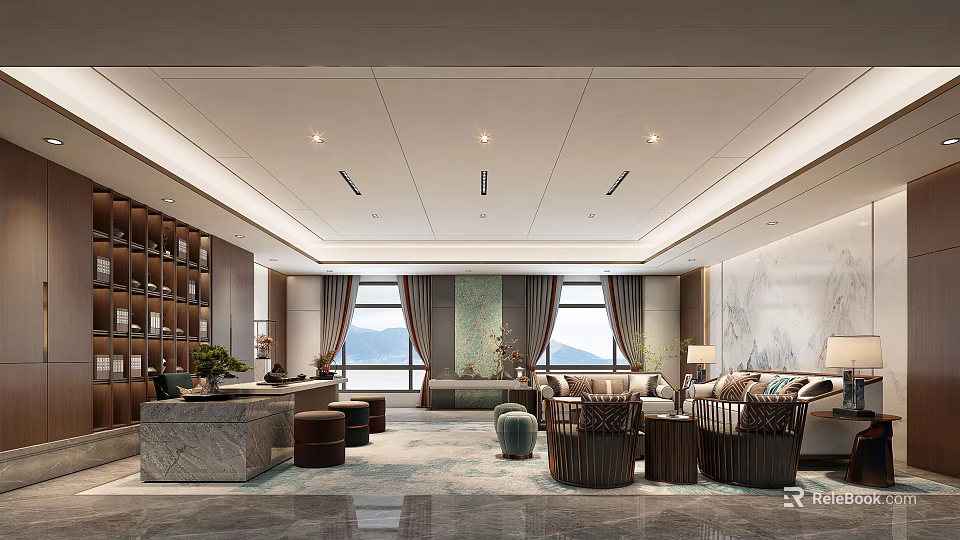 Elegant Hotel Public Lounge With Comfortable Sofas Large Windows Wooden Bookshelves And Decorative Plants 3d model 