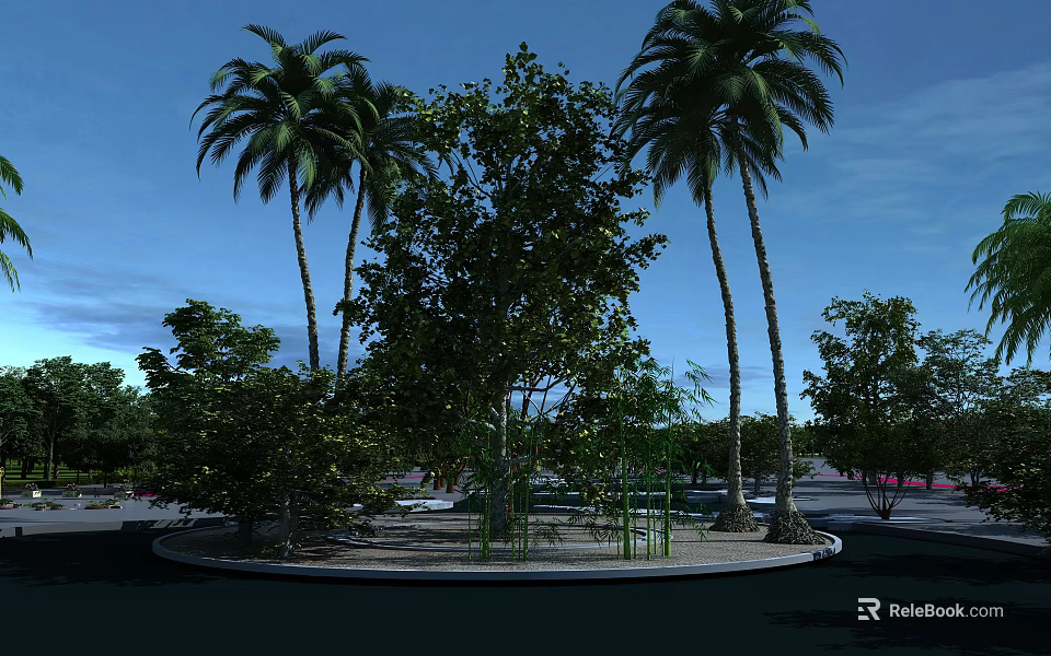 Park Landscape with Tall Palm Trees Various Green Trees Circular Area and Clear Blue Sky 3d model 