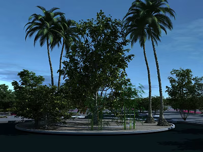 Park Landscape with Tall Palm Trees Various Green Trees Circular Area and Clear Blue Sky 3d model
