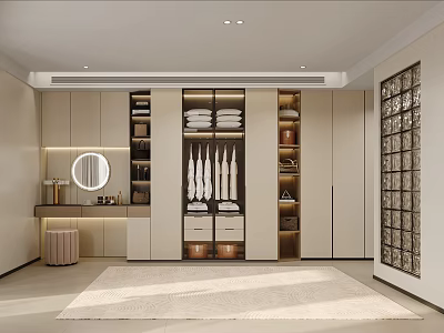 Modern Walk in Closet With Light Cabinets Mirror And Rug 3d model