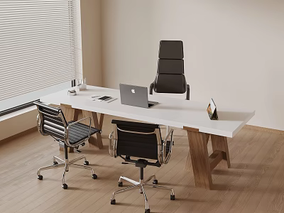 Modern Office Desk and Chair Set with White Table Black Chairs Laptop and Wooden Floor 3d model