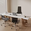 Modern Office Desk and Chair Set with White Table Black Chairs Laptop and Wooden Floor