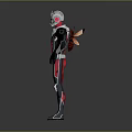 Detailed Sci Fi Character in Red and Black Bodysuit with Silver Helmet and Armor