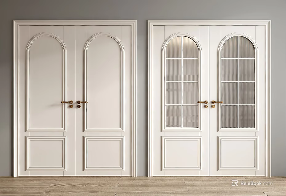 Modern White Double Doors with Arched Panels Glass Inserts and Brass Handles 3d model 