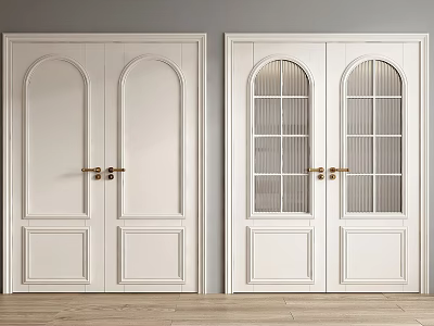 Modern White Double Doors with Arched Panels Glass Inserts and Brass Handles 3d model