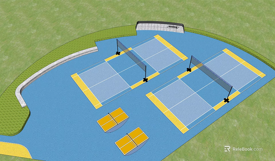 Outdoor Badminton Courts With Blue Surface Yellow Borders Nets And Green Lawn For Fitness Activities 3d model 