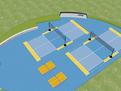 Outdoor Badminton Courts With Blue Surface Yellow Borders Nets And Green Lawn For Fitness Activities 3d model