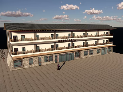 Three Story School Building With White Walls Gray Roof Balconies And Stone Base Plaza 3d model