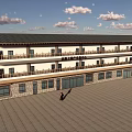 Three Story School Building With White Walls Gray Roof Balconies And Stone Base Plaza
