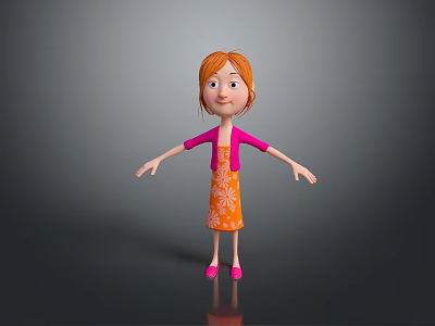 3D Game Movie Character With Red Hair Pink Cardigan Orange Floral Dress And Pink Shoes 3d model