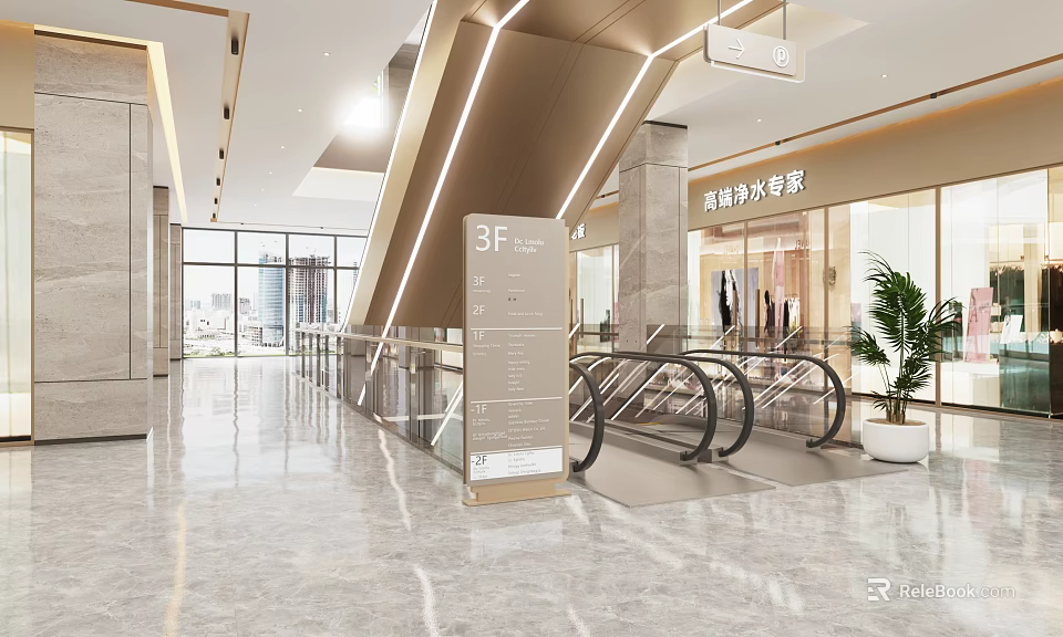 Modern Mall Lobby With Escalators 3F Direction Sign Marble Floor And Large Windows 3d model 