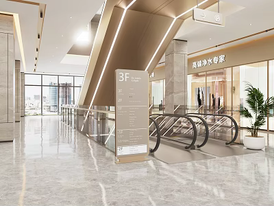 Modern Mall Lobby With Escalators 3F Direction Sign Marble Floor And Large Windows 3d model