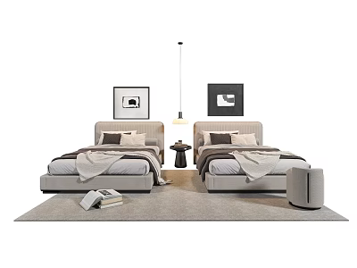 Modern Double Bed Interior Design With Nightstands Pendant Light And Decorative Frames On Soft Rug 3d model