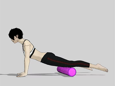 Woman Performing Plank Exercise With Purple Foam Roller For Core Fitness Workout 3d model