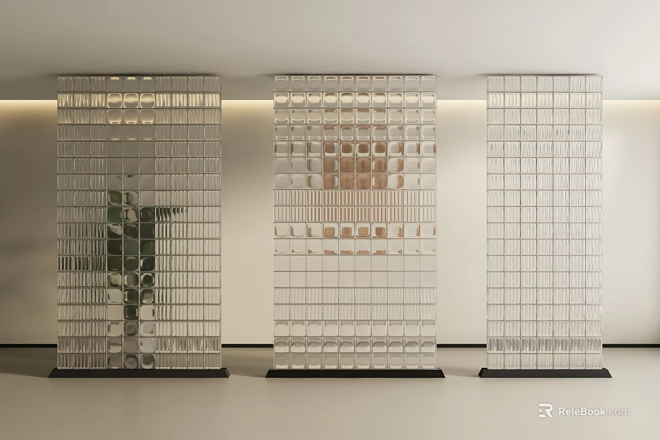 Three Modern Transparent Glass Room Dividers With Grid Pattern And Plant Background 3d model 
