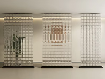 Three Modern Transparent Glass Room Dividers With Grid Pattern And Plant Background 3d model