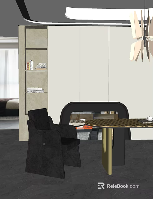 Elegant Modern Dining Table Set With Round Top Black Chairs And Gold Legs 3d model