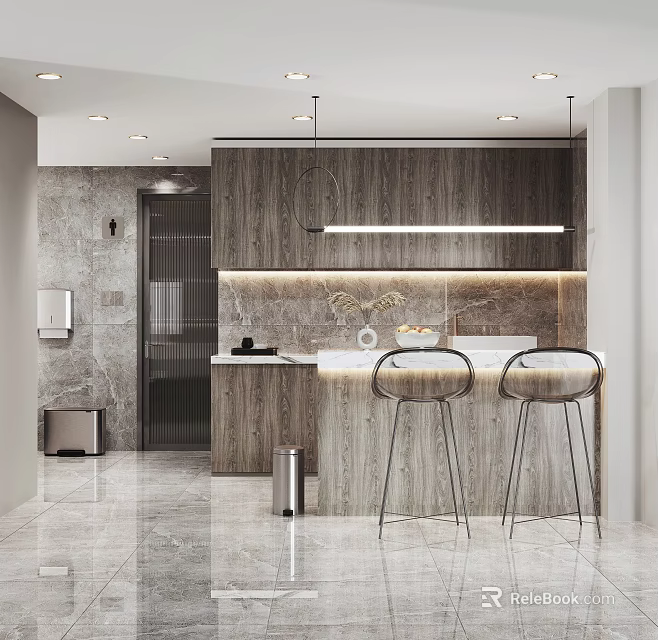 Modern Pantry Interior Design With Wooden Cabinets Bar Counter And Bar Stools 3d model