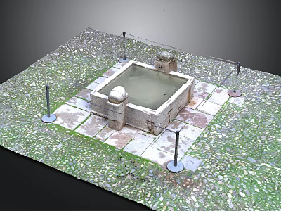 Ancient Stone Pool Structure With Square Design And Surrounding Fence Posts On Grass 3d model