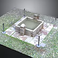 Ancient Stone Pool Structure With Square Design And Surrounding Fence Posts On Grass 3d model