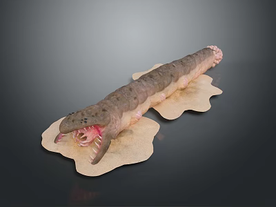 Grayish Brown Segmented Worm Creature With Open Mouth Sharp Teeth On Sandy Base 3d model