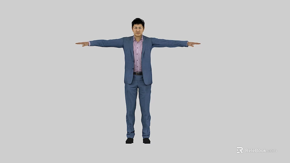 Man In Blue Suit And Pink Shirt With Arms Outstretched On Gray Background 3d model 