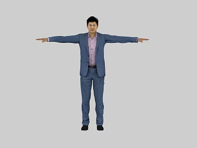 Man In Blue Suit And Pink Shirt With Arms Outstretched On Gray Background 3d model