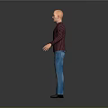 Bald Man Wearing Red Black Striped Shirt Blue Jeans Black Shoes Arms Outstretched Gray Background