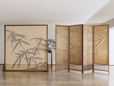 New Chinese Style Screen Zen Bamboo Flower and Bird Screen Partition 3d model