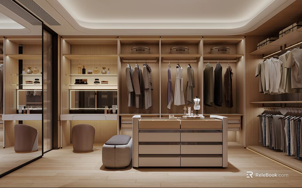 Modern Walk in Closet Interior With Wooden Cabinets Hanging Clothes And Central Vanity 3d model 