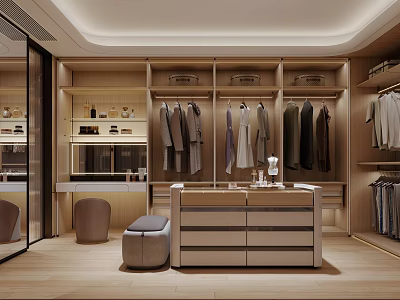 Modern Walk in Closet Interior With Wooden Cabinets Hanging Clothes And Central Vanity 3d model