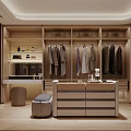 Modern Walk in Closet Interior With Wooden Cabinets Hanging Clothes And Central Vanity