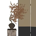 Bonsai Plant with Curved Trunk and Golden Leaves in Brown Ceramic Pot Against Screen Background