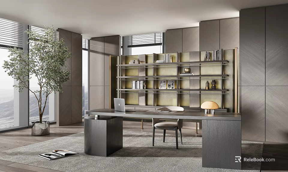 Modern Home Office Interior Featuring Desk Bookshelf Chair Lamp And Potted Plant 3d model 