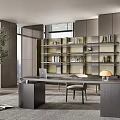 Modern Home Office Interior Featuring Desk Bookshelf Chair Lamp And Potted Plant