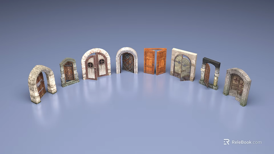 Hinged Doors With Various Design Styles Wooden Stone Arched And Paneled Details 3d model 