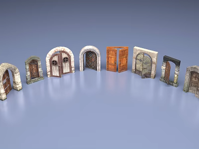 Hinged Doors With Various Design Styles Wooden Stone Arched And Paneled Details 3d model