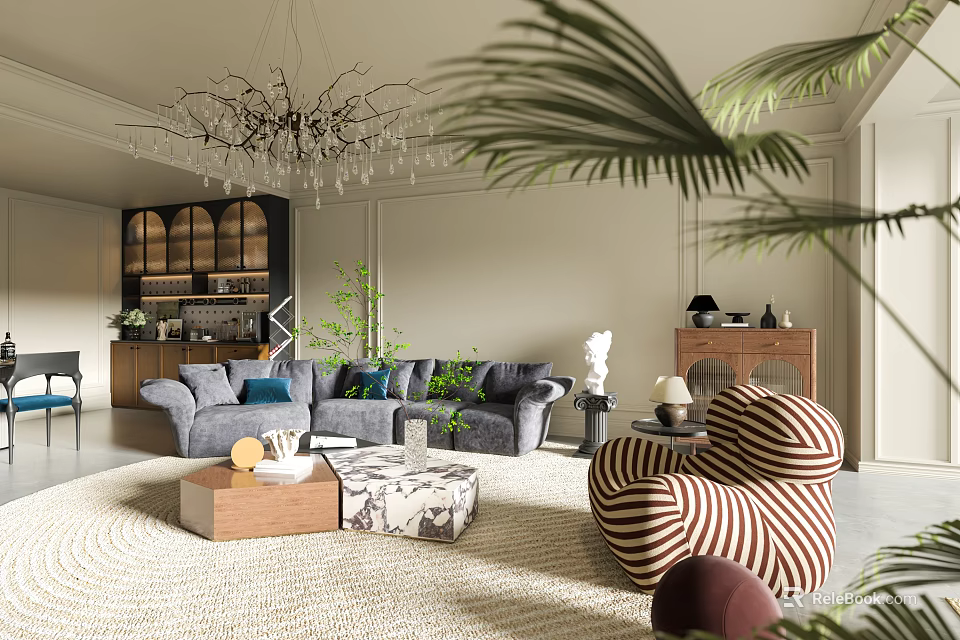 Modern Living And Dining Room Interior With Gray Sofa Striped Armchair And Chandelier 3d model 