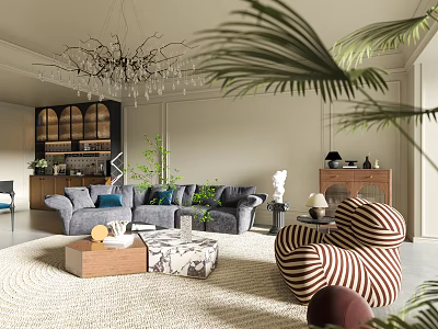 Modern Living And Dining Room Interior With Gray Sofa Striped Armchair And Chandelier 3d model