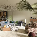 Modern Living And Dining Room Interior With Gray Sofa Striped Armchair And Chandelier